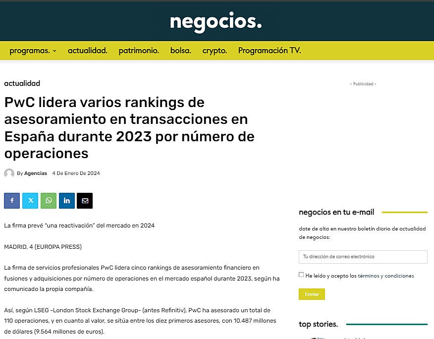 PwC lidera varios rankings de asesoramiento en transacciones en Espaa durante 2023 por nmero de operaciones